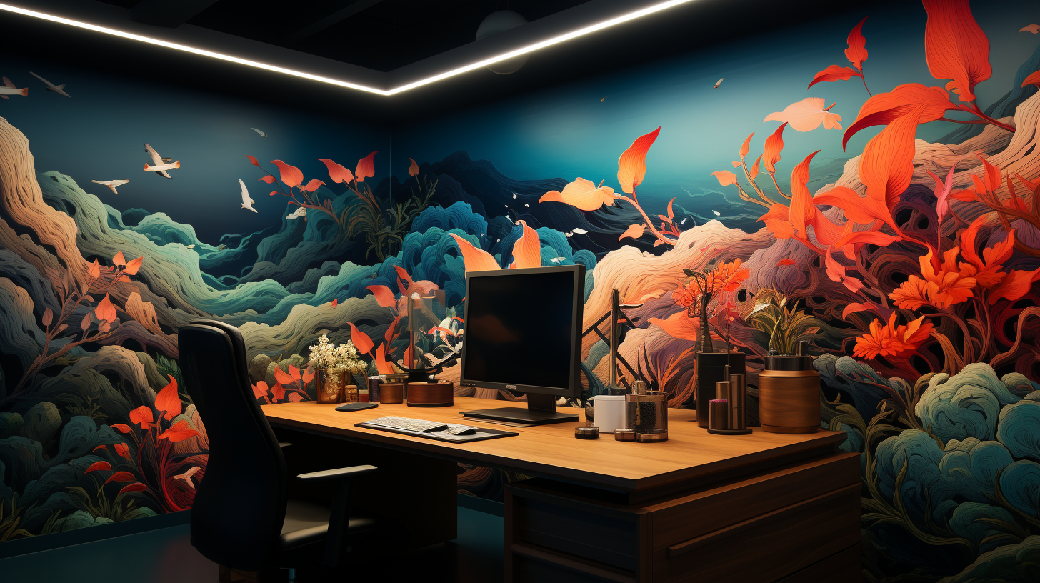 Zdjęcie przedstawiające wizualizację biura z nadrukiem ściennym DreamWalls